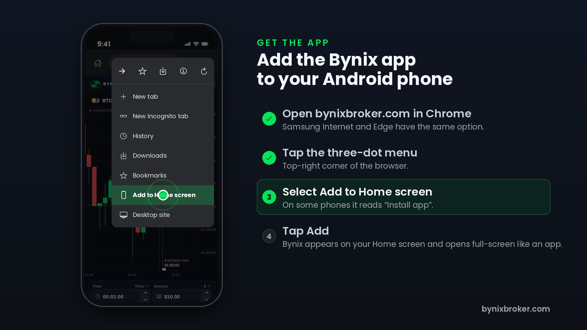 Bynix "Add to Home screen" guide clip for Android — landscape 1920×1080