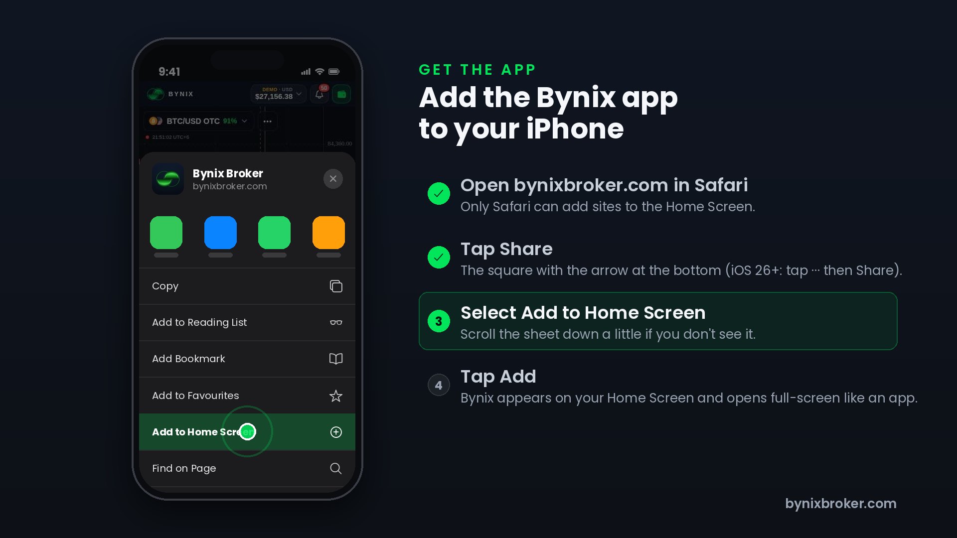 Bynix "Add to Home Screen" guide clip for iPhone — Safari share sheet with the tap marker on Add to Home Screen