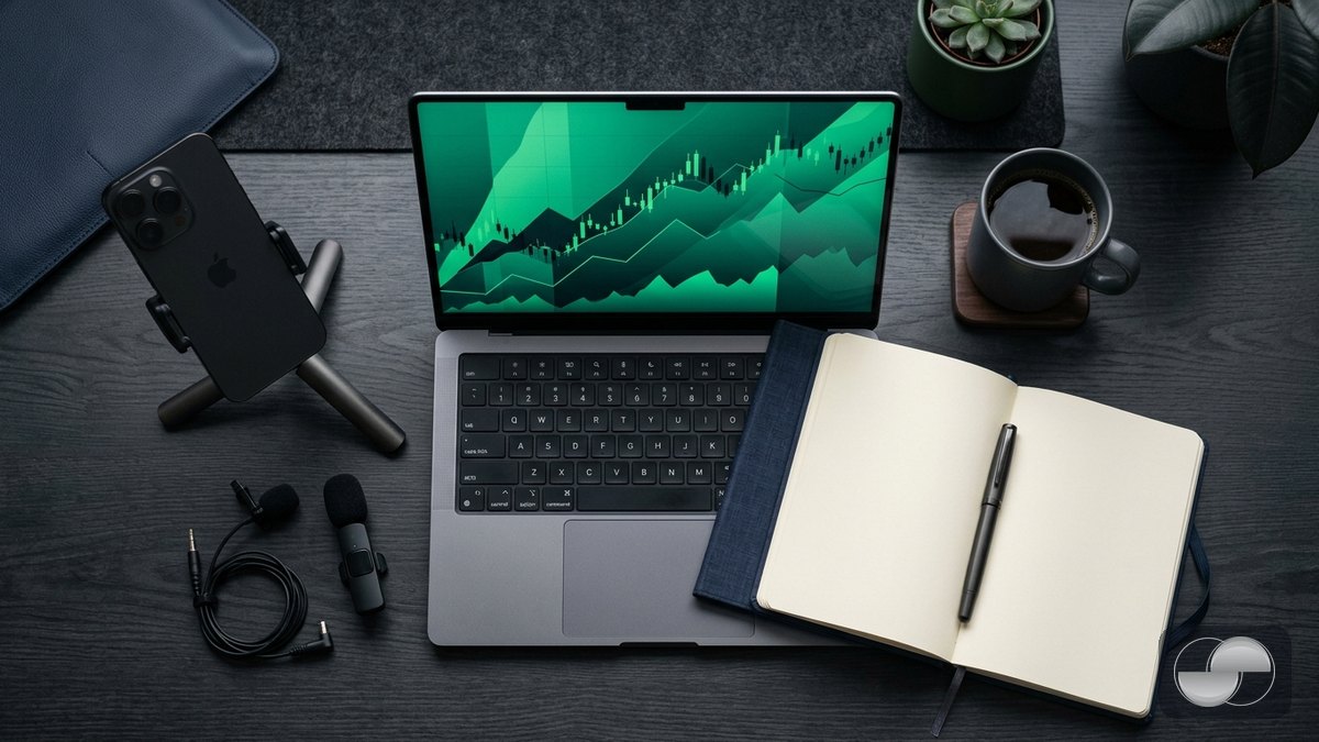 A creator recording a trading walkthrough — the logo in the corner and the promo code on screen do the attribution work