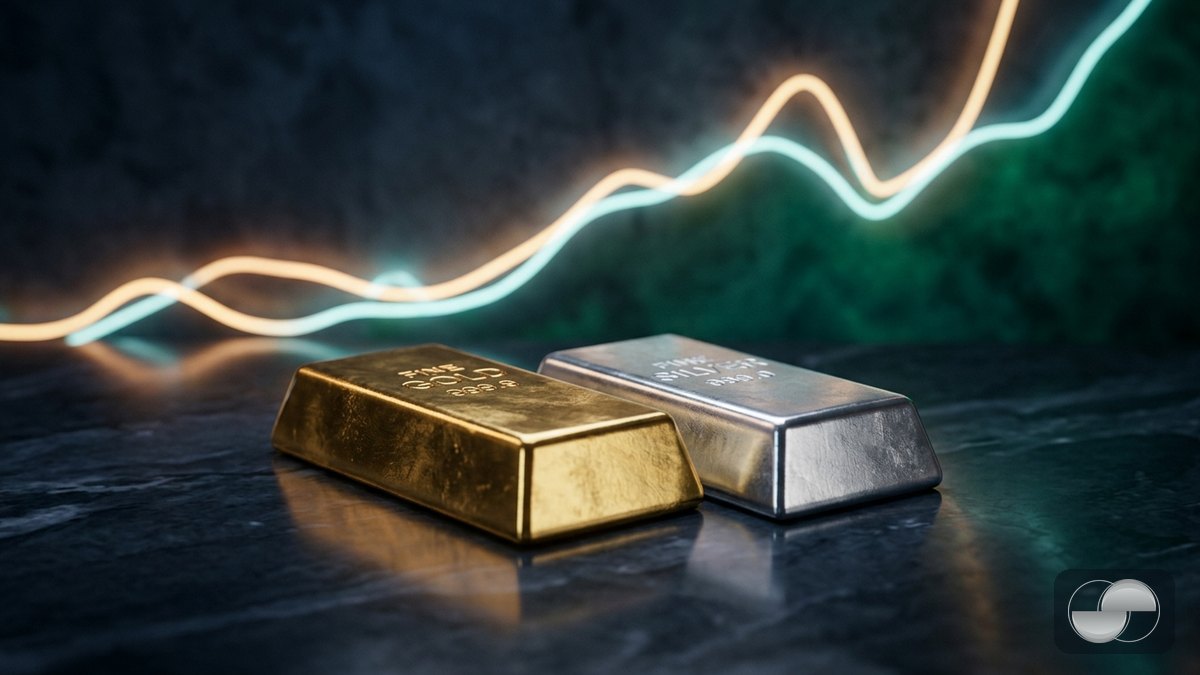 Gold and silver bars beside a chart — the metals move more than forex but far less than crypto, ideal for range trading